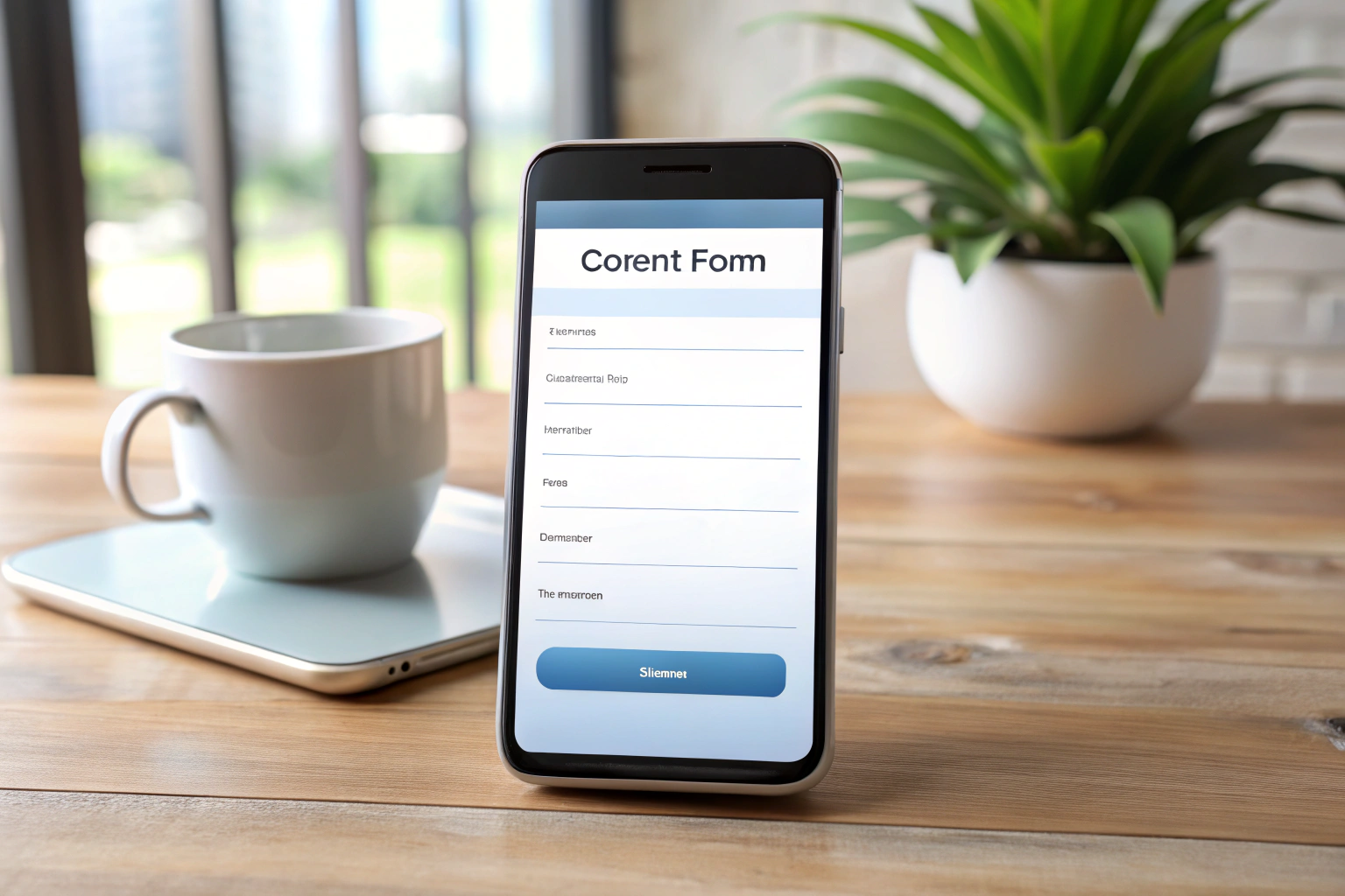 A generic image of a smartphone with a contact form on the screen, placed on a simple desk with no text or logos, symbolizing easy communication
