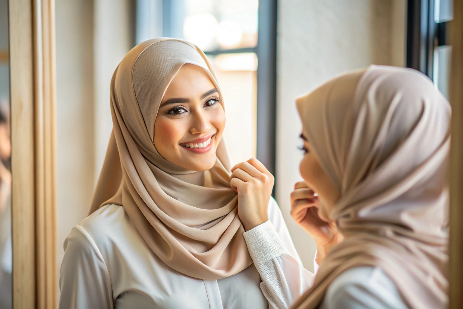 A woman smiling while adjusting a beautifully draped hijab in a mirror, with natural light highlighting the fabric texture and no visible branding