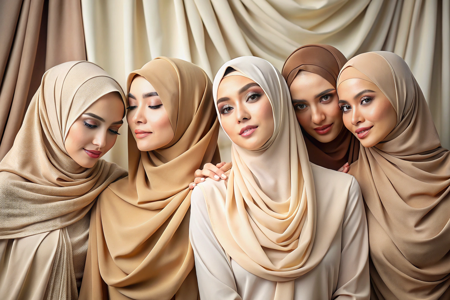 An abstract composition of soft, draped fabrics in neutral colors like beige, cream, and brown, arranged in a flowing, elegant manner with no text or symbols, representing modesty and quality in hijab fashion