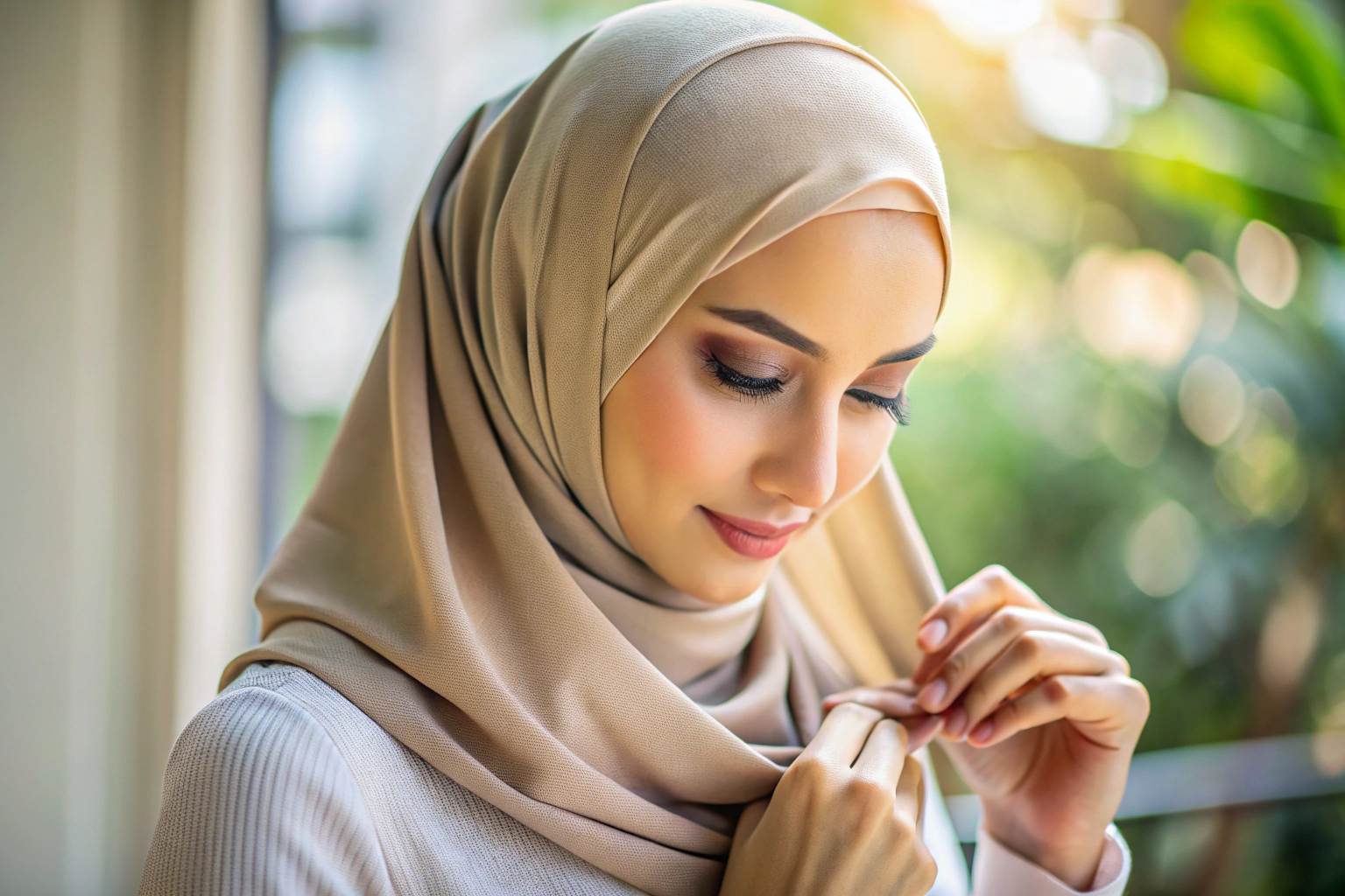 A close-up view of a woman adjusting a hijab, showcasing the fabric texture and color in natural light, with no visible branding or text