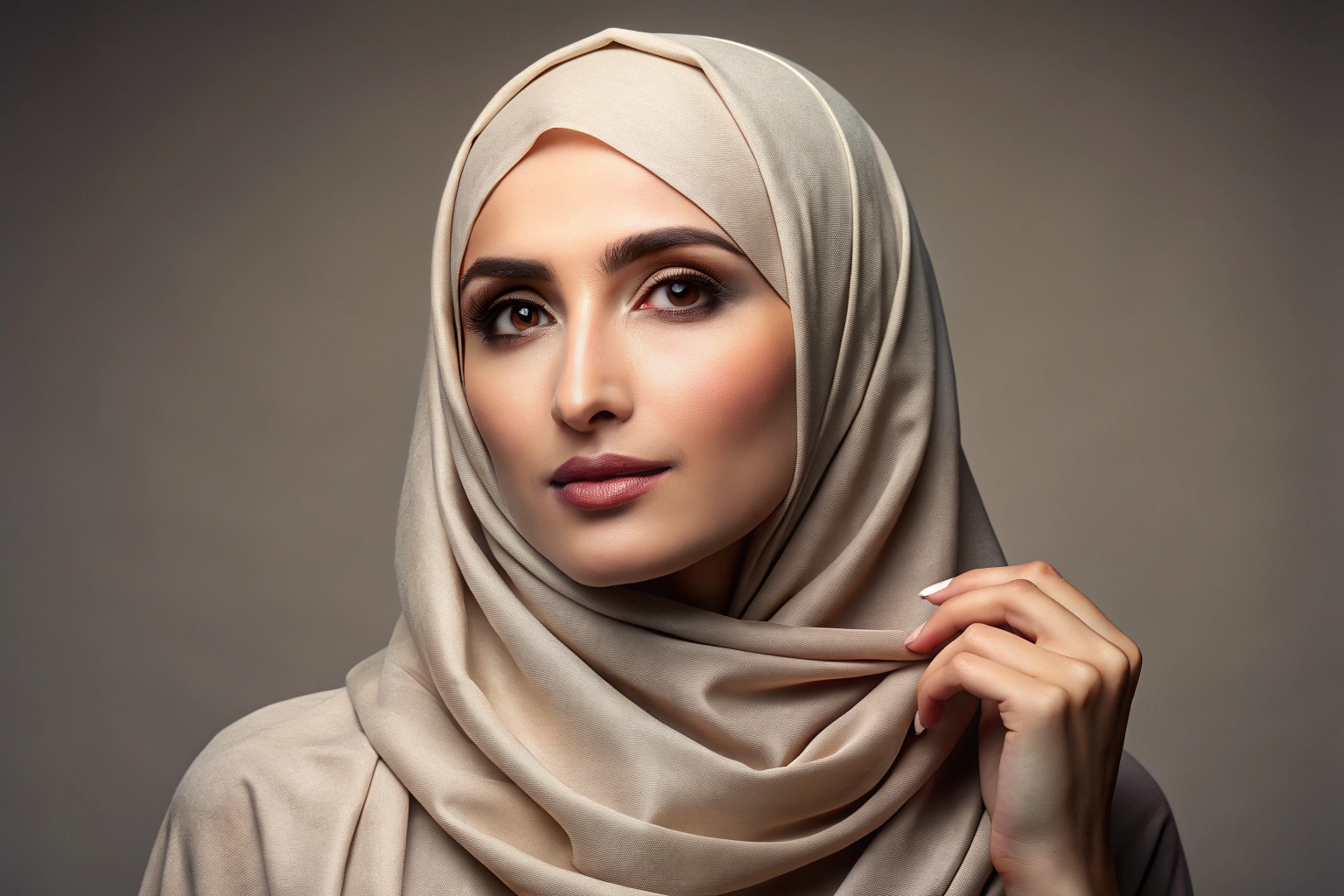 A woman elegantly wearing a hijab, with the fabric draped softly around her head and shoulders, in a neutral setting with no text or branding