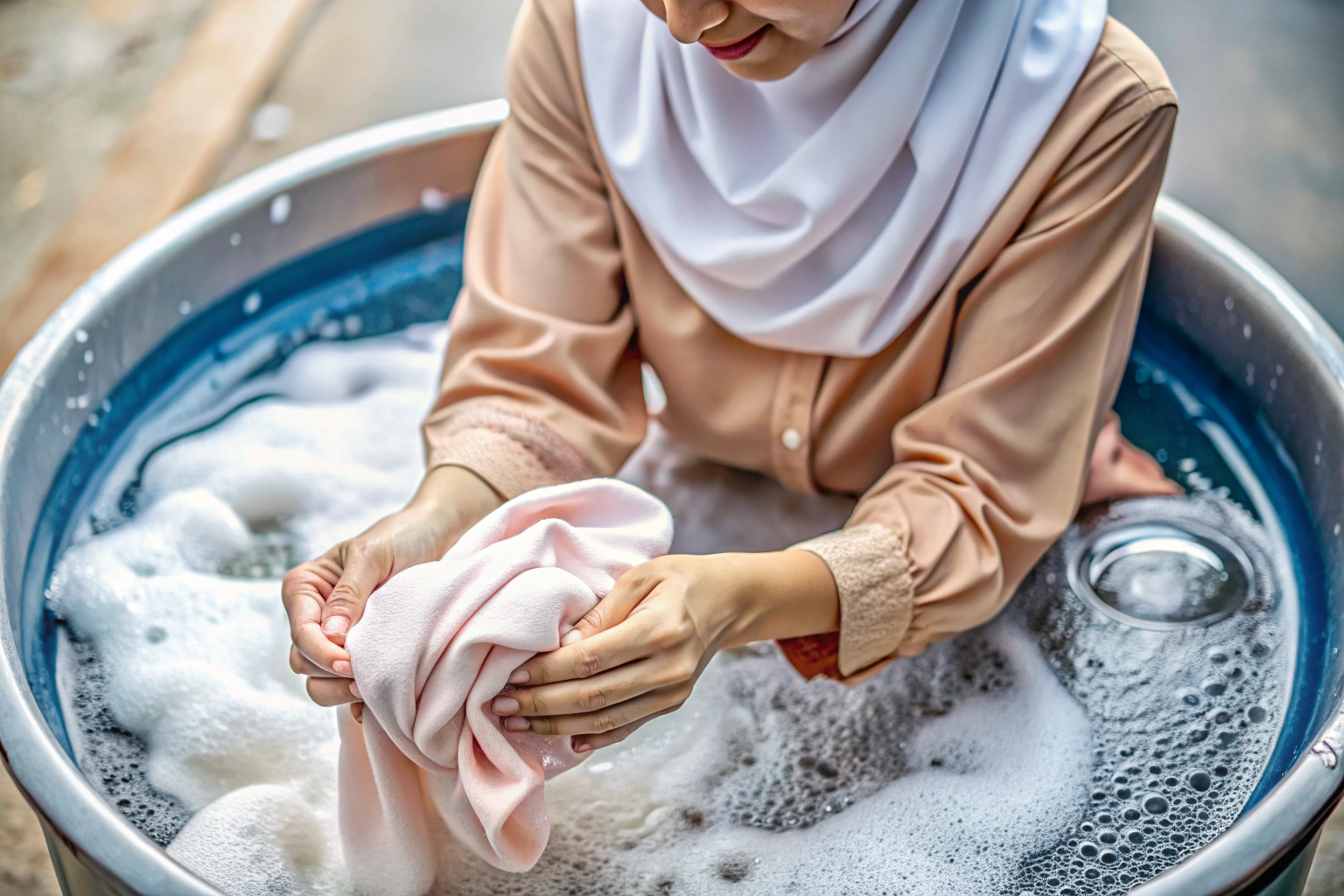 A close-up view of hands gently washing a hijab in a basin of water, with bubbles and clean fabric visible, no text or logos